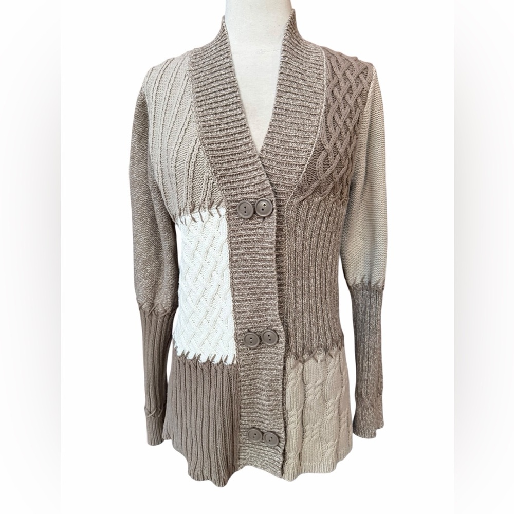 Liz & Co.‎ Long Neutral Cotton Blend Double Button Placket Cardigan